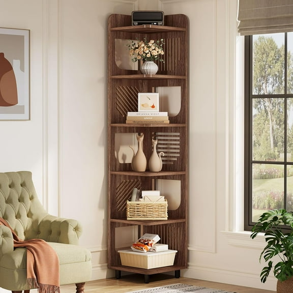 Tribesigns 71-Inch Corner Shelf, 6-Tier Tall Corner Bookshelf, Narrow Corner Bookcase with Square Rack, Brown