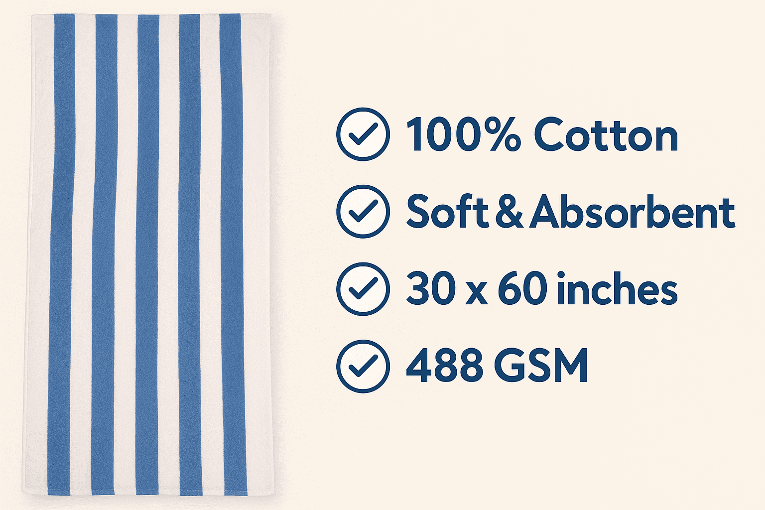 Cabana Beach Pool Spa Towels Striped Blue/White 100% Cotton 30" x 60"