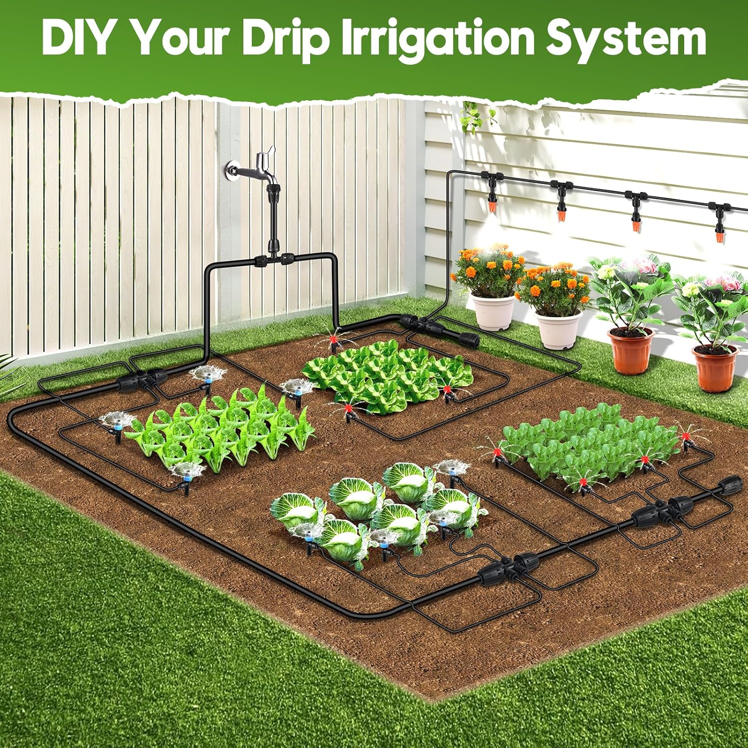 240FT 2025 Upgraded Drip Irrigation - Quick-Connect, 1/2"&1/4"Tubing, Adjustable Emitters
