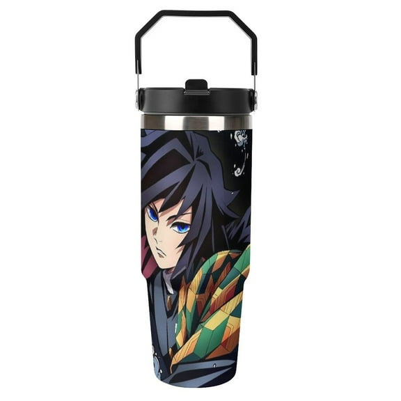 30oz Tumbler with Handle And Flip Straw Lid Demon Slayer Tomioka Giyuu Stainless Steel Bottle Double Wall Insulated Travel Coffee Mug