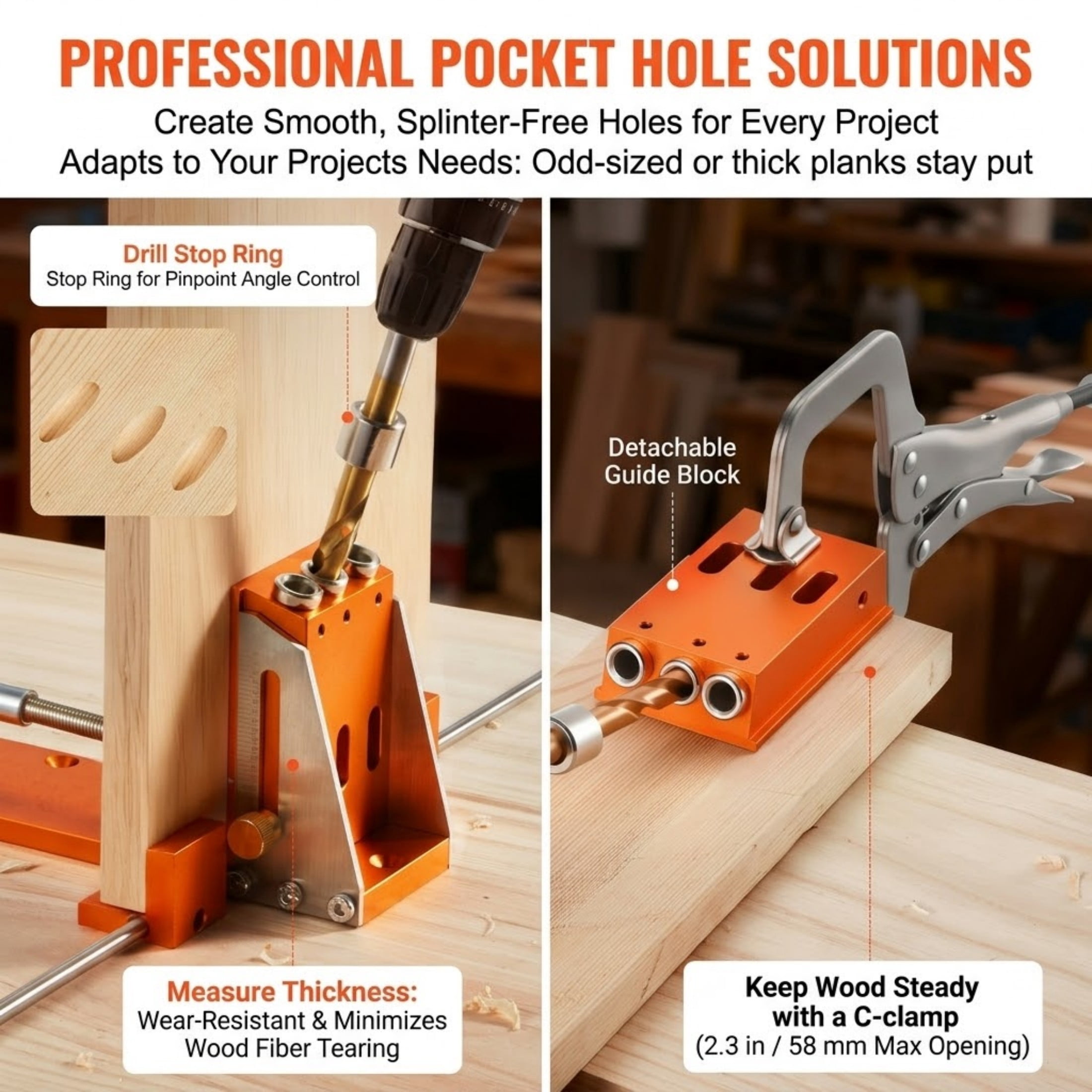 Pocket Hole Jig Kit, Adjustable 1/2" to 1-1/2" Woodworking Drill Guide System with Reinforced Metal Frame, Includes C-Clamp, Step Drill Bit and Toolcase