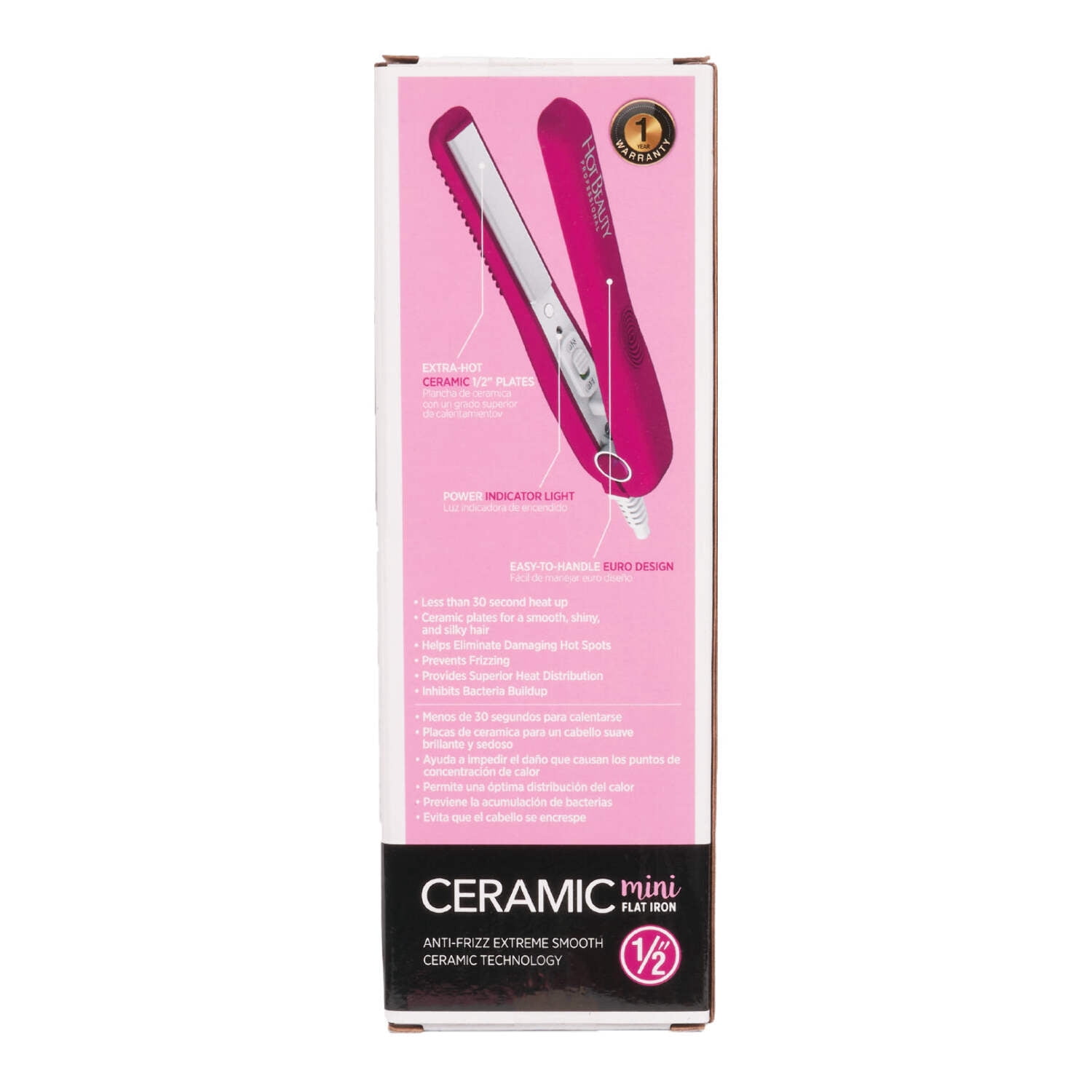 Hot Beauty Professional Ceramic Mini Flat Iron 1/2", Anti-Frizz, Fast Heating, Versatile Styling for Curly & Straight Hair, Ideal for Traveling with Travel Pouch (Pink)