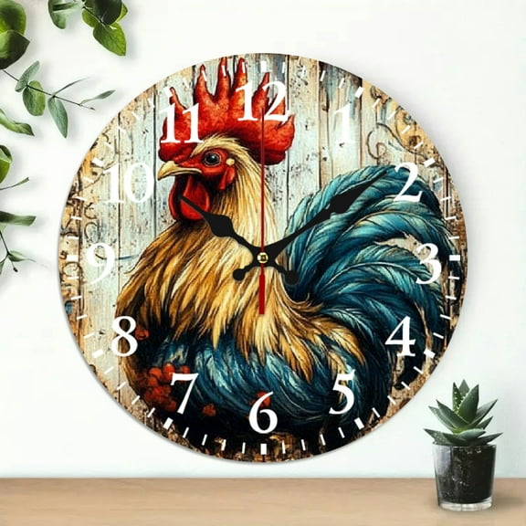 Wall Clock, Rooster Print, Wall hanging decor, Perfect for Living Room, Dorm, Bedroom, Kitchen, Home Office & More, Wall Clock Living Room