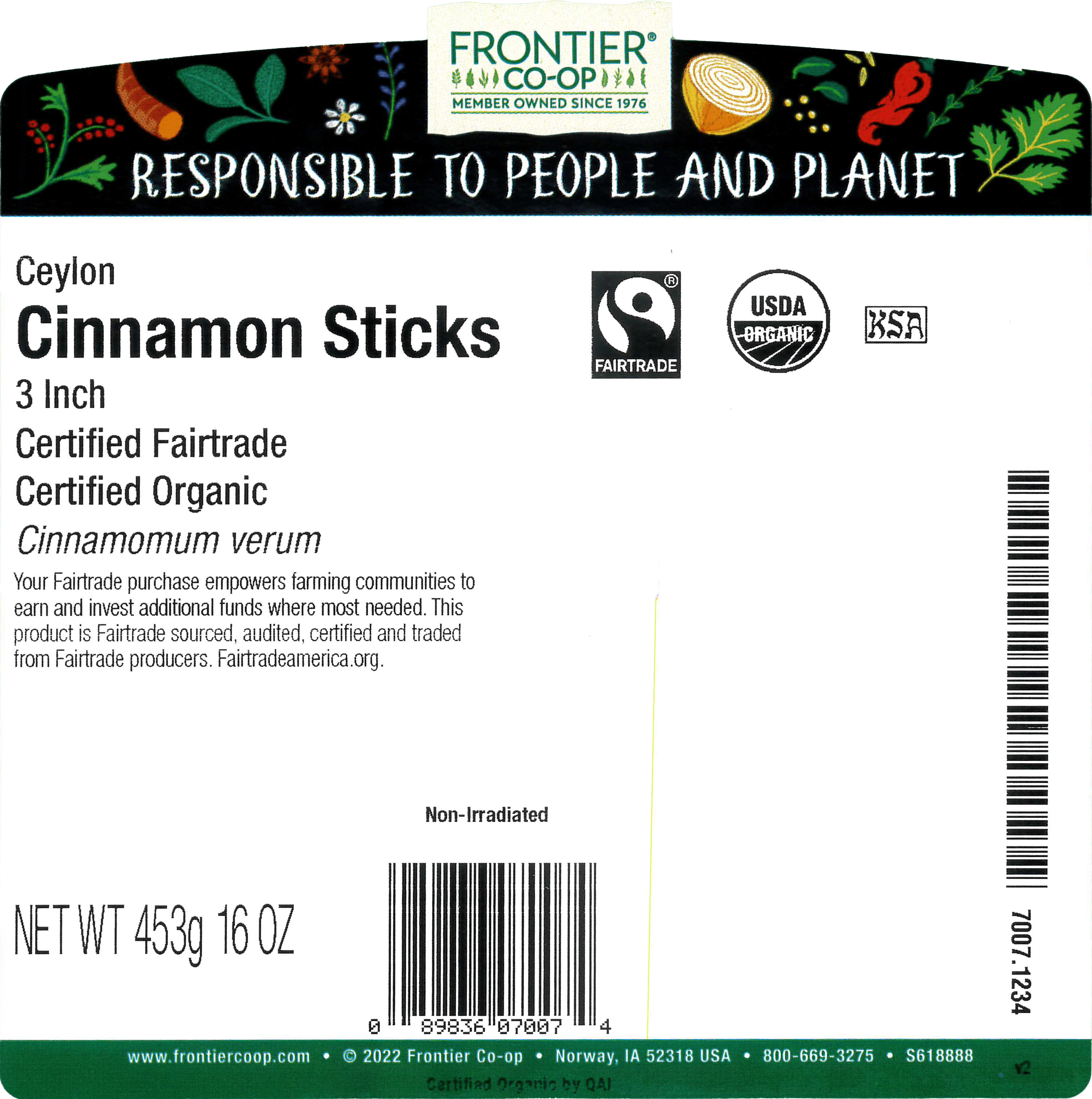 Frontier Co-op Certified Organic Ceylon Cinnamon Sticks, 16 oz. Bag, Fairtrade Certified, 3-inch
