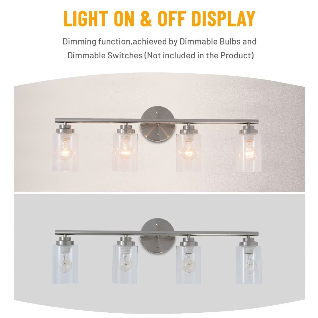 FINE MAKER Vanity Light Fixtures, 4 Lights Indoor Modern Sand Nickel Bathroom Mirror Wall Lights with Clear Glass Shade Metal Wall Mount Light