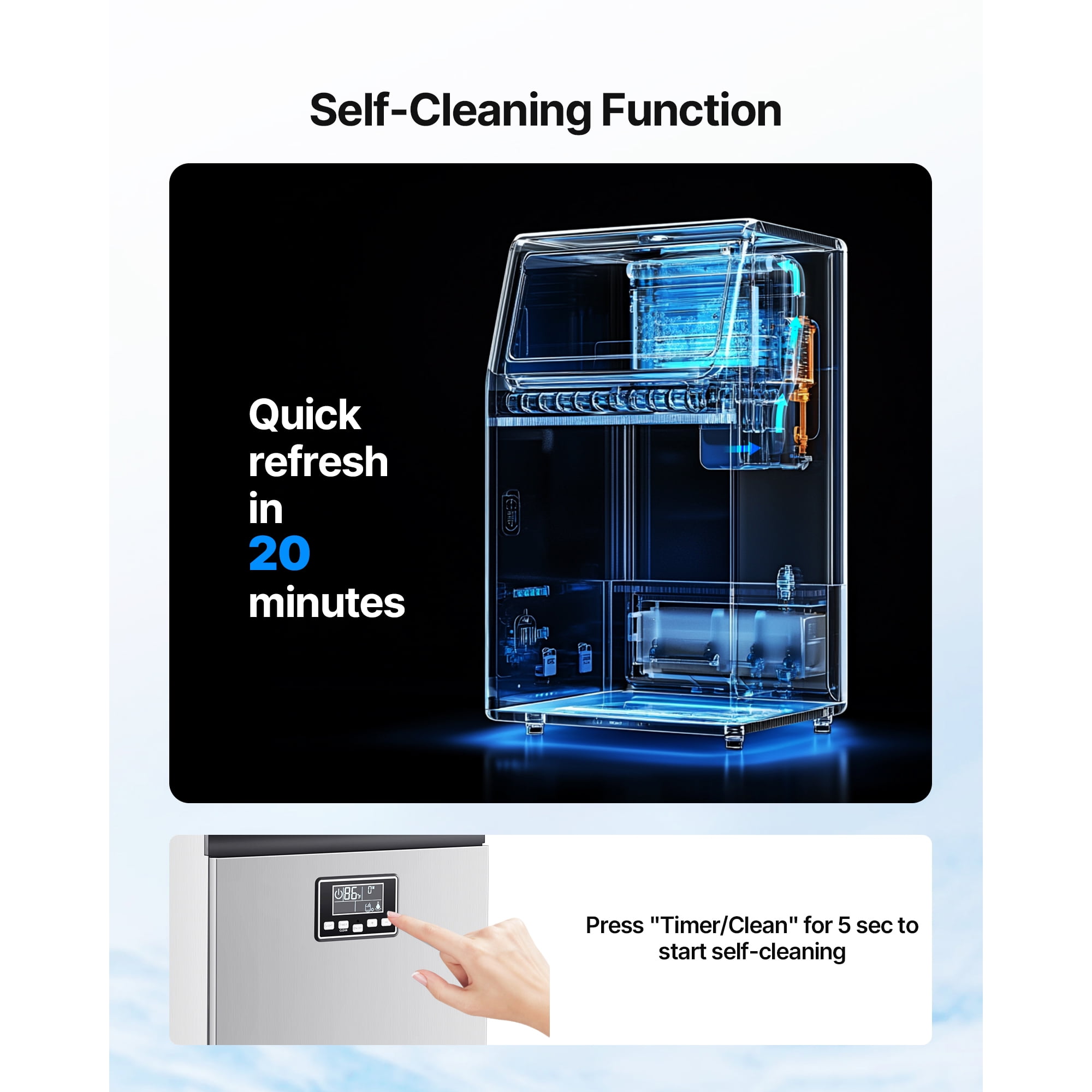 KFFKFF Commercial Ice Maker Machine, 100 lbs/24h Output with 28 lbs Storage, Produces 45 Cubes per Cycle, Stainless Steel Design for Freestanding or Under-Counter Use, Features LED Display