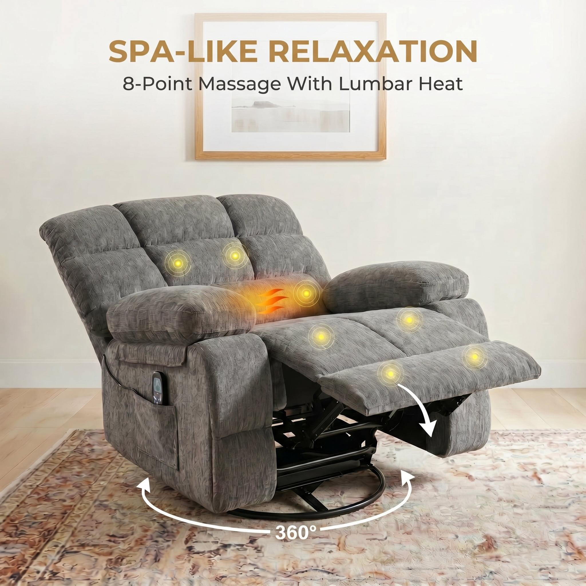 FitStand Swivel Rocker Recliner Chair with USB Port, Heat and Massage, 24.4" Wide Seat Chenille Oversized Recliner, Gray