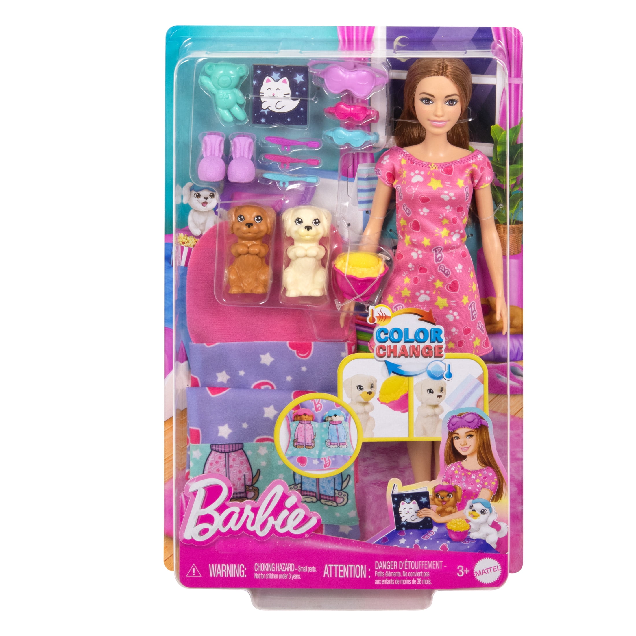 Barbie Doll & Puppy Slumber Party Playset with 2 Toy Dog Figures & 10+ Accessories, Color-Change