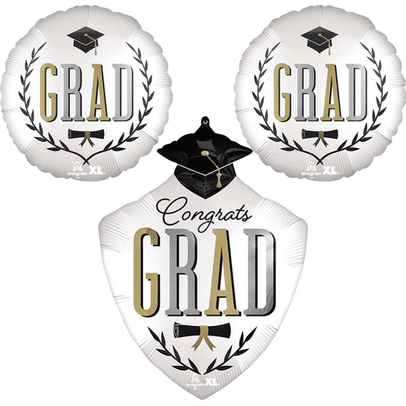 LoonBalloon 30 Inch Graduation Caps Off Shield Balloon with 2 Mylar Balloons Set