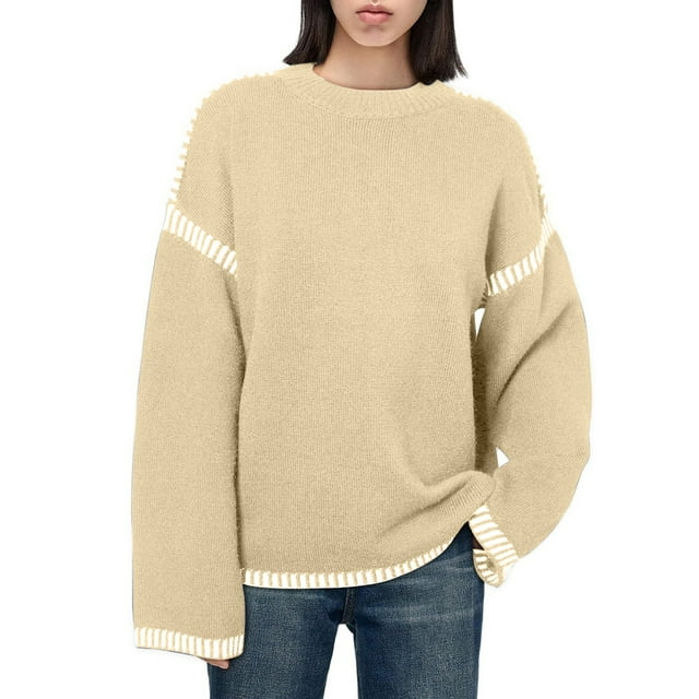 Suéter de cuello redondo para mujer, informal, liso, tejido, holgado, de manga larga, con cuello redondo, blusa
