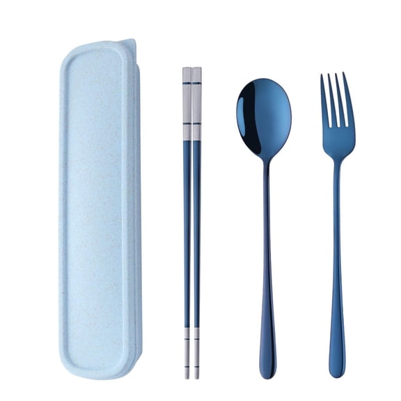 Portable Travel Flatware 3PCS Spoon Fork Chopsticks Set 18/10 Stainless Steel with Case and Bag for School Work Office lunch (Blue)