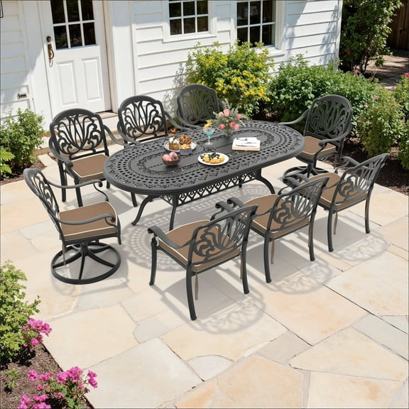 Hzzkey 8-Person Oval Cast Aluminum Patio Set with 2 Swivel Chairs,Brown Cushions & Umbrella Hole