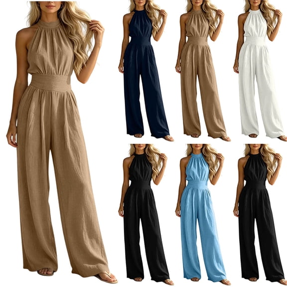 Ailaofu Womens Jumpsuits Sleeveless Mock Neck Rompers Summer Wide Leg Playsuit Suumer One Piece Outfits Casual Business Suit