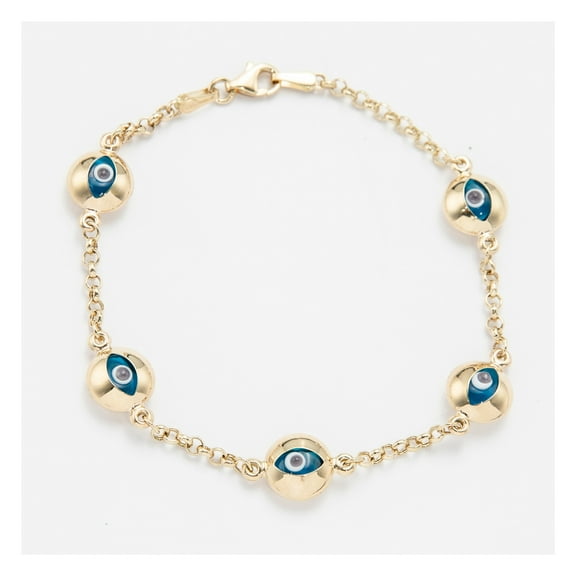 Evil Eye Station Rolo Chain Women's Adult Bracelet 14K Yellow Gold, 4.30Gr – Goldum NYC