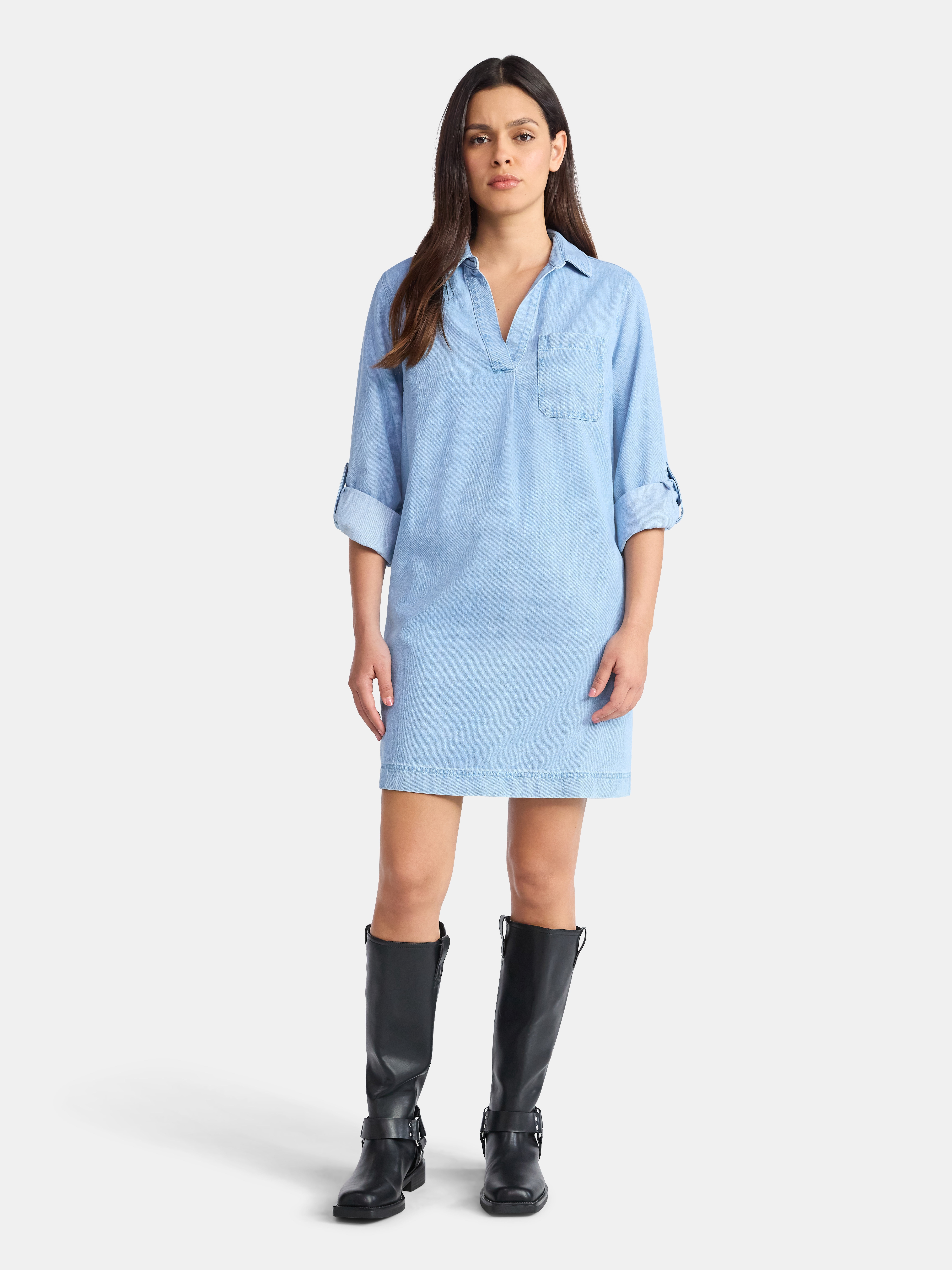 denim shirt dress walmart Scaling Women Women's Button Down Denim Shirt Dress Collared Puff Long Sleeve Jean Mini Dresses Summer Fall Casual Trendy Pleated A-Line Dress, Size: