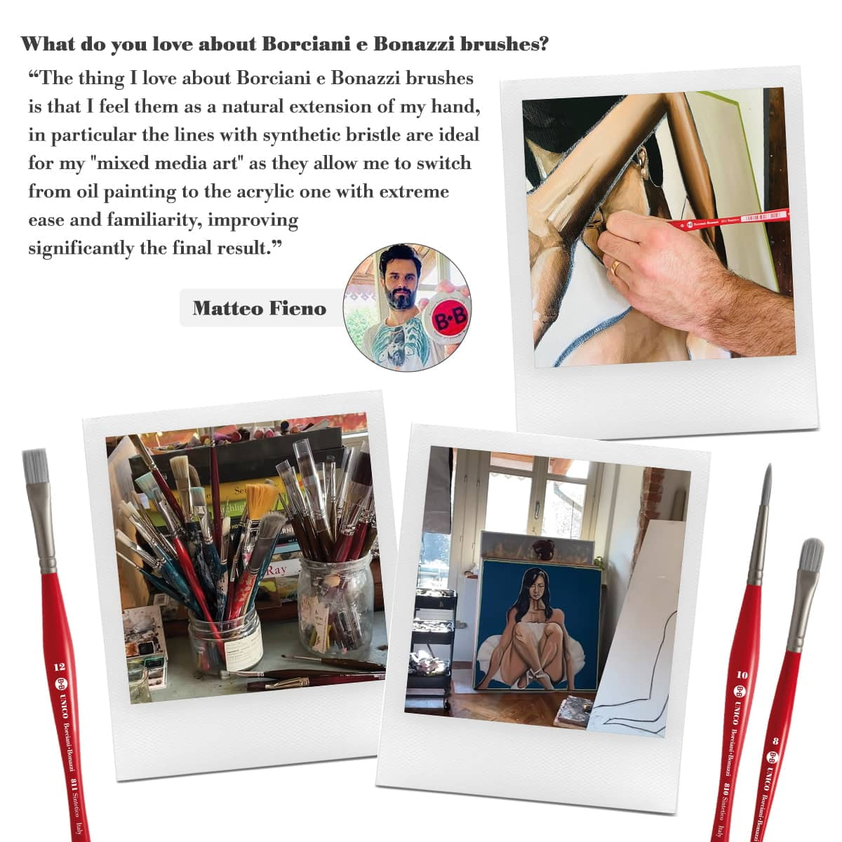 Borciani e Bonazzi Unico Silver Synthetic Paint Brush Set of 3, Assorted Shape - Medium Handle Paintbrush Handcrafted in Italy, Cruelty-Free, Acrylic, Oil, Watercolor