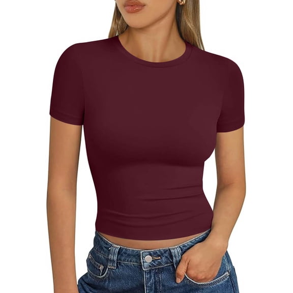 OIOLOYJM Womens Basic T Shirts Summer Casual Crewneck Crop Tops Short Sleeve Slim Fit Work Tee Gym Workout Y2K Clothes Wine XL