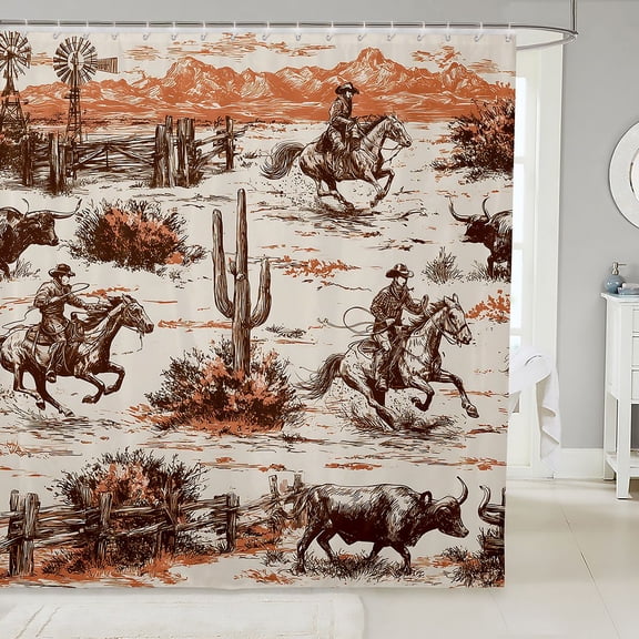 Manfei Rustic Cowboy Shower Curtain 72Wx72L,Western Cactus Bathroom Curtain,Orange Brown