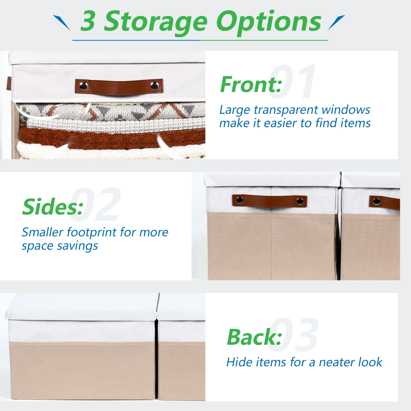 Bidtakay Collapsible Storage Bins with Lid 15 x 11 x 9.7 inch 4-Pack Fabric Closet Organizer with Clear Window Storage Baskets for Shelves Organization (White&Beige)