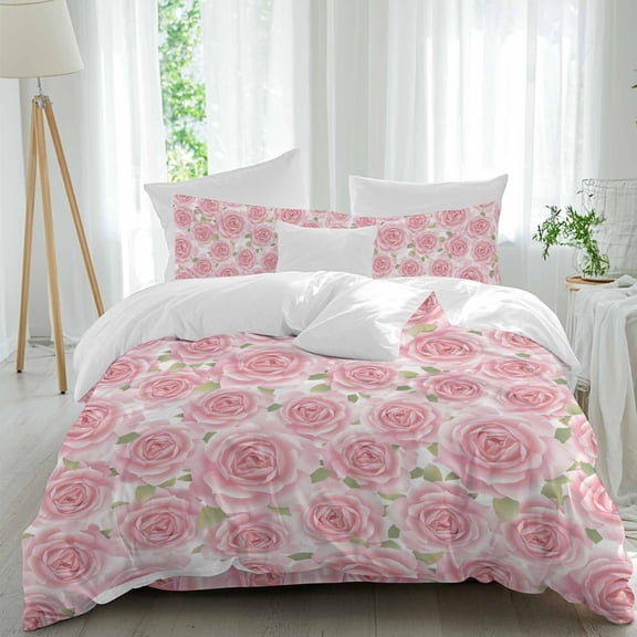 Pink Rose Floral Full Size Comforter Set, Flowers Leaves Pastoral Plant Classic Bedding for All Seasons, 4 Pcs Bed Set, 1Quiltcover (86"x86") ,1Sheet(80"x116"), 2Pillowcases (30"x20")