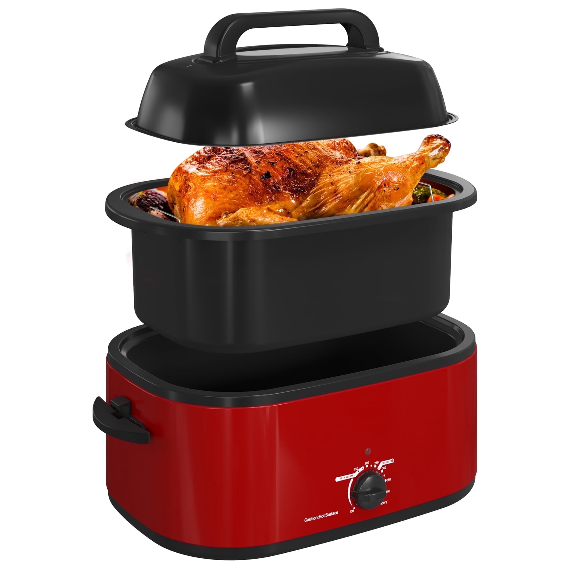 Royalcraft 26QT Electric Turkey Roaster Oven with Visible Glass Lid,Removable Pan & Rack, Stainless Steel,Red
