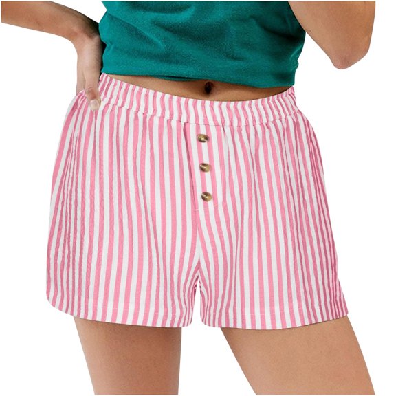 Zpanxa Womens Shorts Casual Summer Striped Plaid Button-up High-waisted Casual Shorts Casual Wide-leg Shorts Hot Pink M