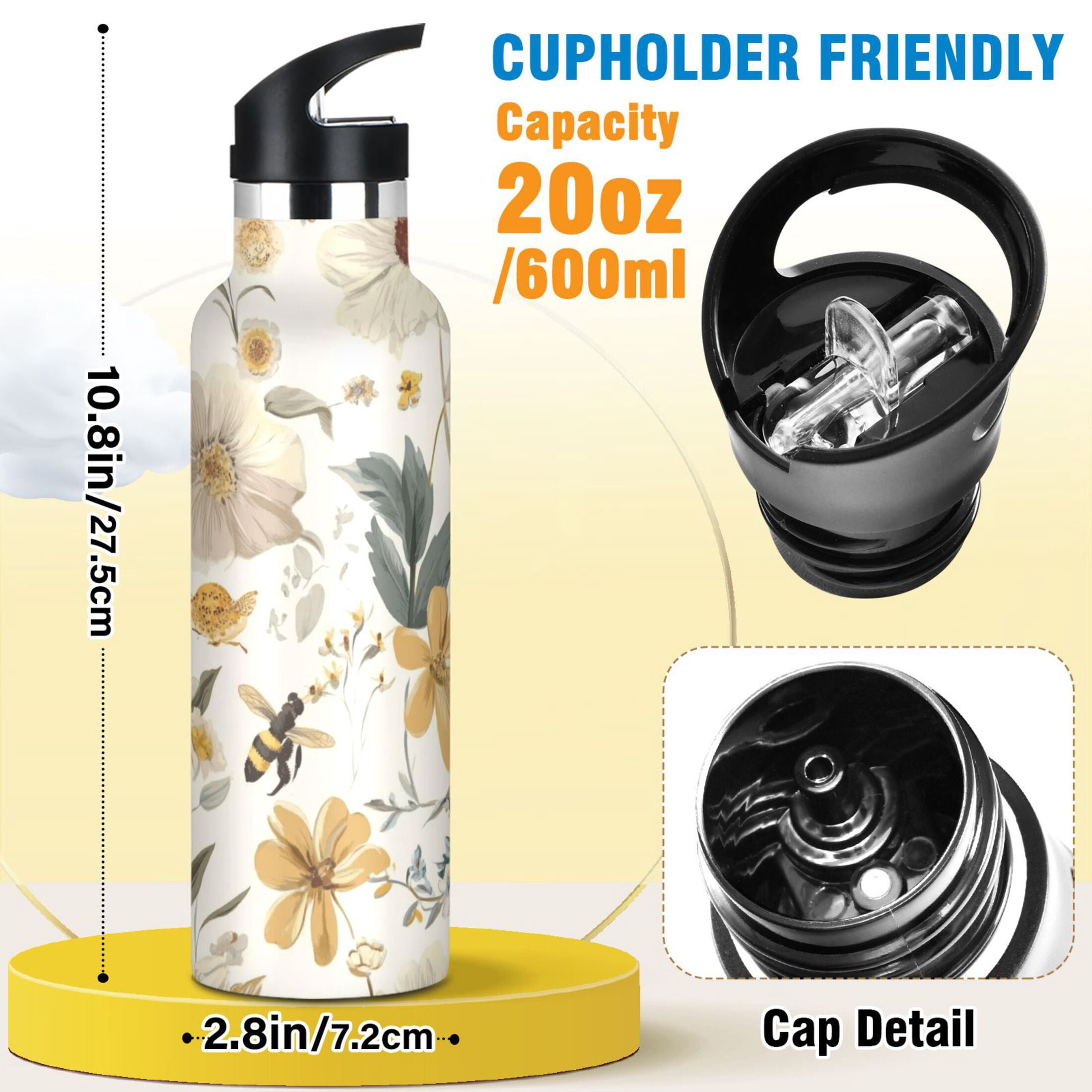 Kids Insulated Stainless Steel Sports Water Bottle 600ml (20oz) Various Flowers and Bees