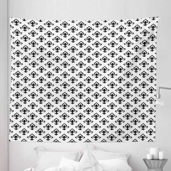 Fleur De Lis Tapestry, Abstract Flower Pattern European Western Civilization Inspirations Baroque, Fabric Wall Hanging Decor for Bedroom Living Room Dorm, 5 Sizes, Black White, by Ambesonne