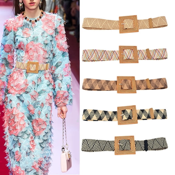 IQOGKRN Women's Boho Woven Elastic Waist Belt with Square Wooden Buckle Stretchy Summer Cincher for Dresses & Beachwear Black One Size