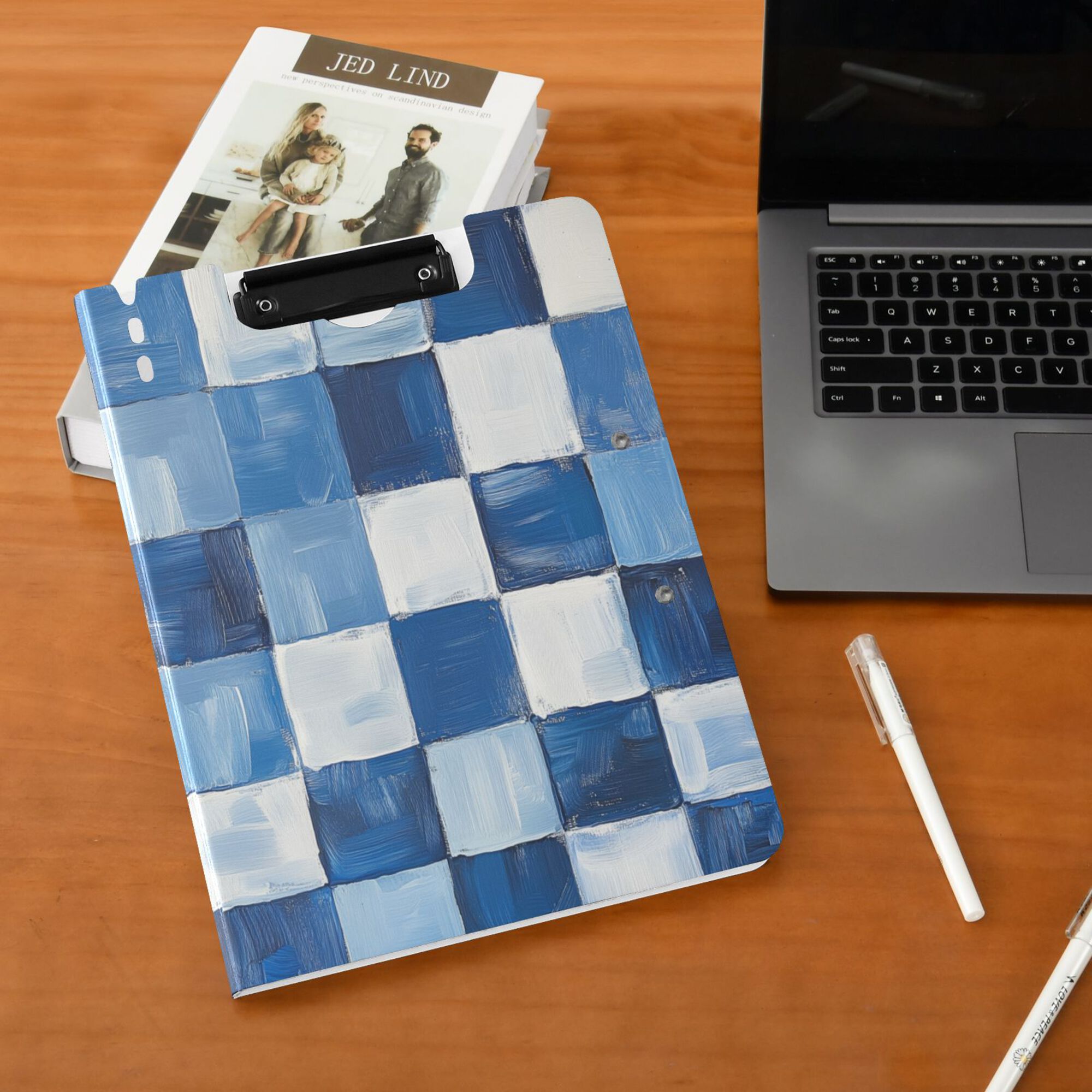 FORMRS A4 Clipboard Folder with Pen Holder Horizontal Foldable School Office Binder, Blue and Gray Plaid Pattern