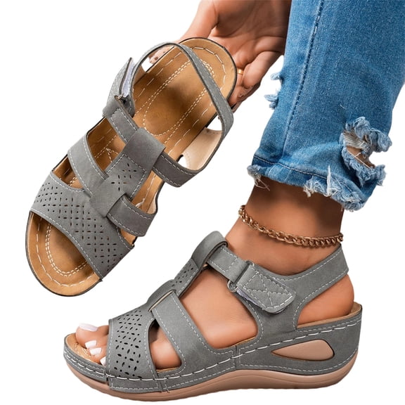 YOUYEDIAN Orthopedic Sandals for Women Arch Support Flat Wedge Sandals Breathable Slip on Non Slip Beach Slippers Beach 2026 Orthopedic Shoes (Gray)