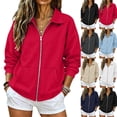 thumbnail image 2 of Full Zip Up Sweatshirt Women No Hood - Oversized Loose Casual Long Sleeve Collared Jacket 2026 Fall Winter Clothes Red,3XL, 2 of 6