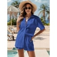 thumbnail image 4 of Swim Cover Up for Women Button Down Long Sleeve Shirt and Shorts Bikini Swimsuits Beach Cover Up Set Royal Blue S, 4 of 8