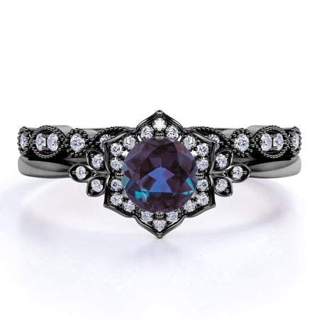 JeenMata 1 Carat Round Cut Lab Created Alexandrite and Moissanite Retro Frame Art Deco Wedding Ring Set in 18k Black Gold over Silver