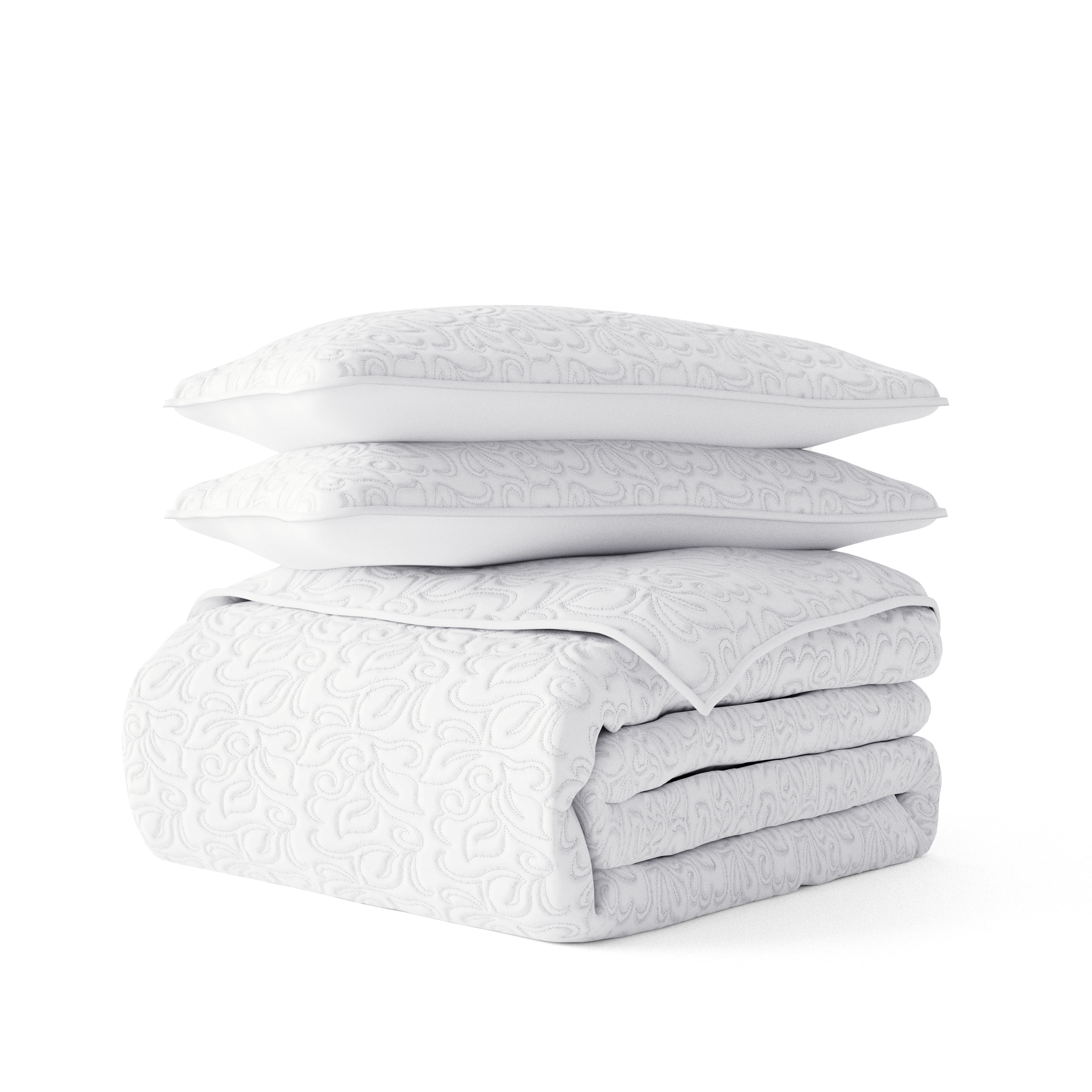 Noble Linens 3 Piece White Floral Stitch Quilt Set, Queen / Full