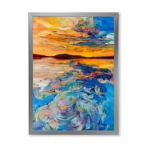 Designart 'Whirly Blue Waves Under Orange Sunset' Nautical & Coastal Framed Art Print