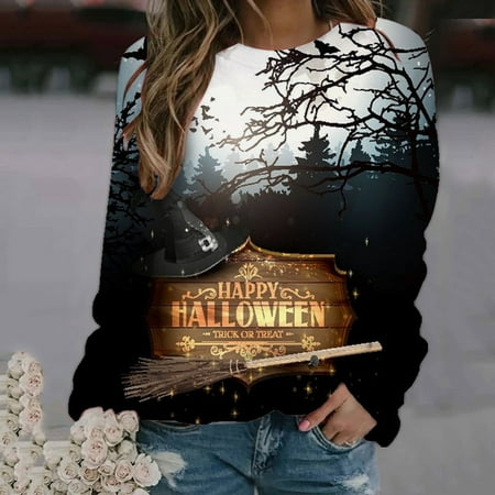 Women Halloween Crewneck Sweatshirt Long Sleeve Shirts Casual Loose Printed Blouse Graphic Tees Tunic