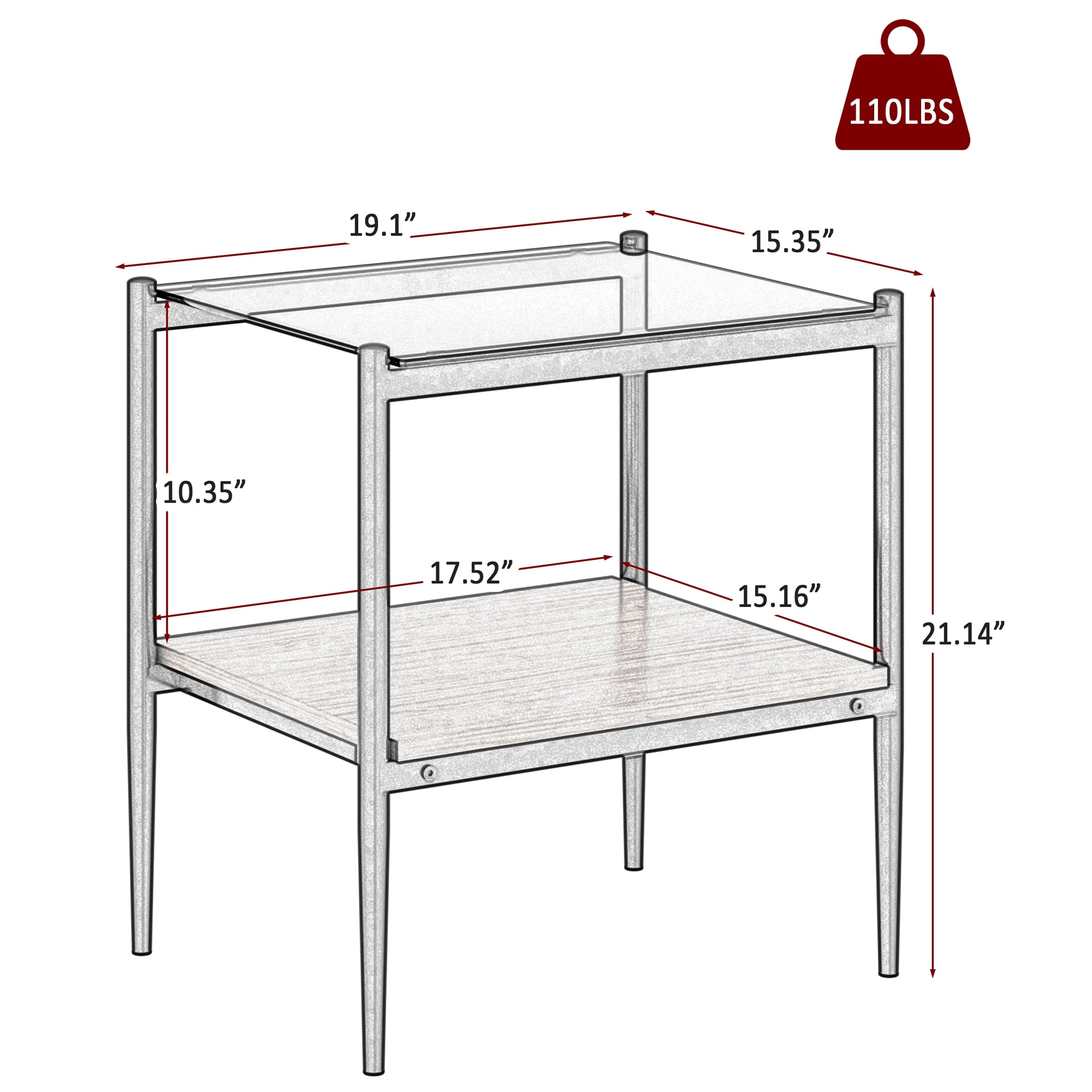 Set of 2 End Tables, Nightstand with Tempered Glass Tabletop, Compact Side Table with MDF Storage Shelf and Sturdy Iron Legs, Easy Assembly for Bedroom or Living Room, Brown Glass Finish