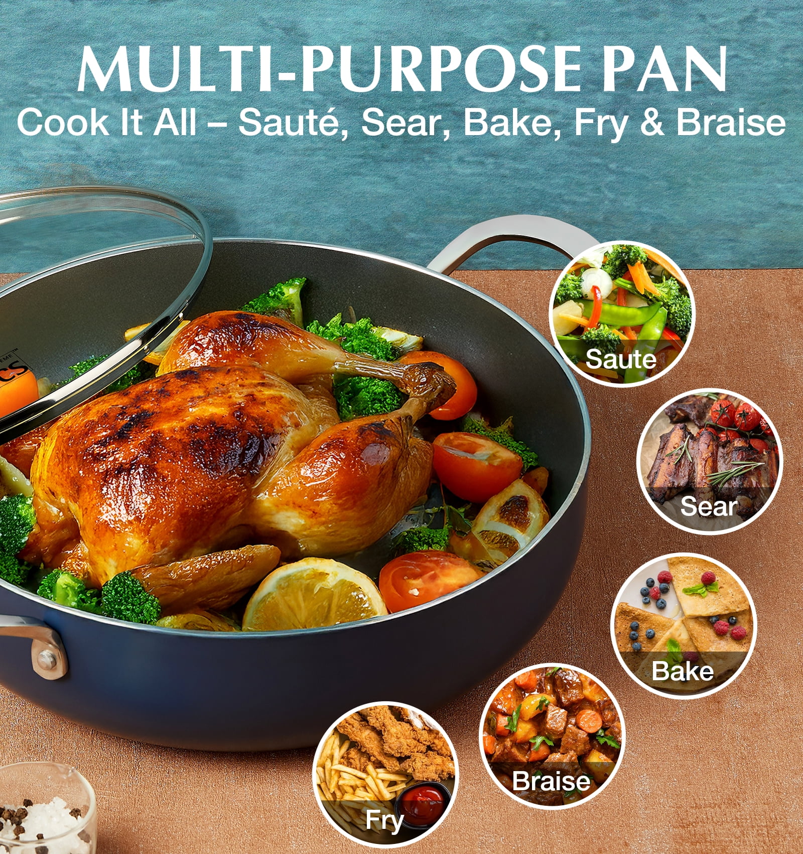 Koch Systeme CS 12 inch Saute Pan with Lid, 5.5-Quart Deep Frying Pan with Nonstick Ceramic Coating, Oven Safe, Induction Compatible, Gradient Blue