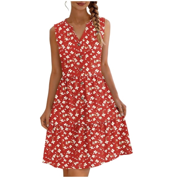 cocolona Womens Summer Boho Floral Dresses Button V Neck Sleeveless Mini Dress Vacation Beach Tiered Flowy Sundress