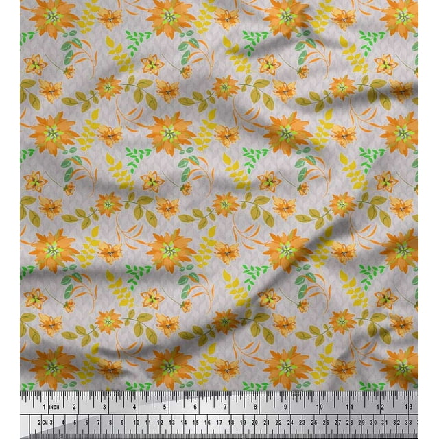 Soimoi Modal Satin Fabric Leaves & Aster Floral Print Sewing Fabric Yard 42 Inch Wide