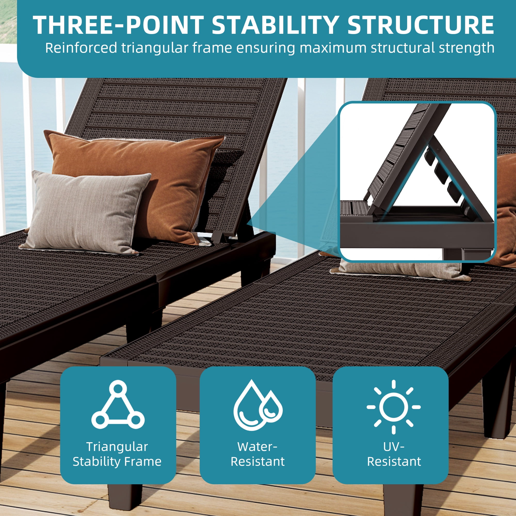 Uforic 2-Piece Outdoor Chaise Lounge Chairs, 5-Position Adjustable Backrest Waterproof Plastic Pool Loungers, Easy Assembly Patio Recliners for Backyard, Poolside and Garden, Dark Brown