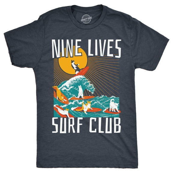 Mens Nine Lives Surf Club Funny T Shirt Cat Graphic Tee for Men Graphic Tees