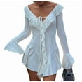 thumbnail image 1 of Women'S Long Sleeve V-Neck Dress Off Shoulder Ruffle Tiered Flowy Bodycon Mini Dresses White M, 1 of 10