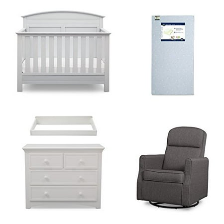 Serta Ashland 5 Piece Nursery Furniture Set Serta Convertible Crib 4 Drawer Dresser Changing Top Serta Crib Mattress Glider Bianca White
