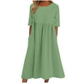thumbnail image 2 of QUINDOS Summer Dresses for Women Short Sleeve Sundress Casual Crew Neck Plus Size Dresses Pockets Pleated Solid Color Midi Long Dresses for Women, 2 of 8