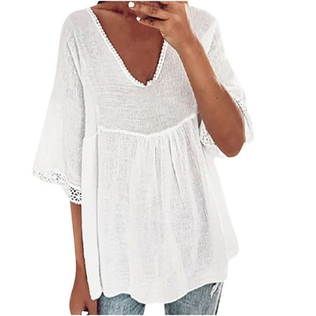 Cute Tops for Women Fashion Lace Trim Flare Short Sleeve V Neck Summer Tee Shirts Babydoll Swing Top Loose Blouse