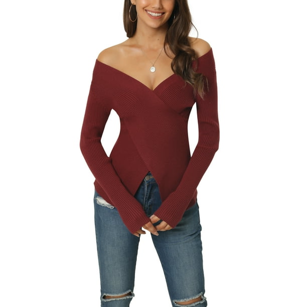 INSPIRAR CHIC Suéter Casual de Manga Larga con Cuello en V para Mujeres Otoño Invierno L Rojo