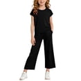thumbnail image 3 of Iyufng Girls 2 Piece Outfits, Solid Color Short Sleeve Top and Pants Set, Summer Casual Loungewear Sets, 3 of 9