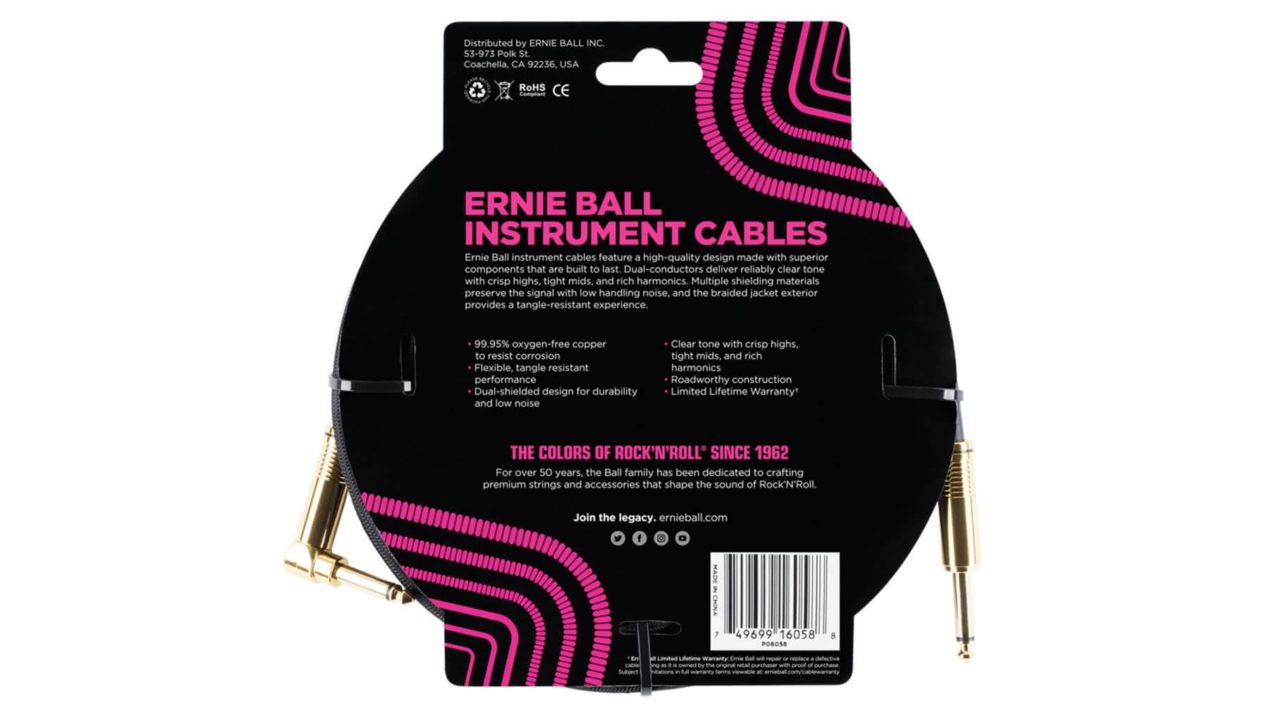 Ernie Ball Braided Instrument Cable, Straight/Angle, 25ft, Black P06058